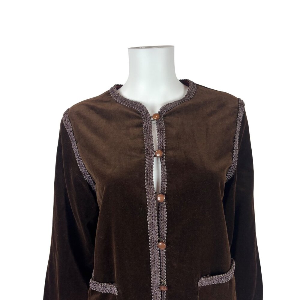 Vintage 70s Velvet Blazer Womens Large Brown Braided Trim Button Down Suit Jacke - Picture 3 of 12